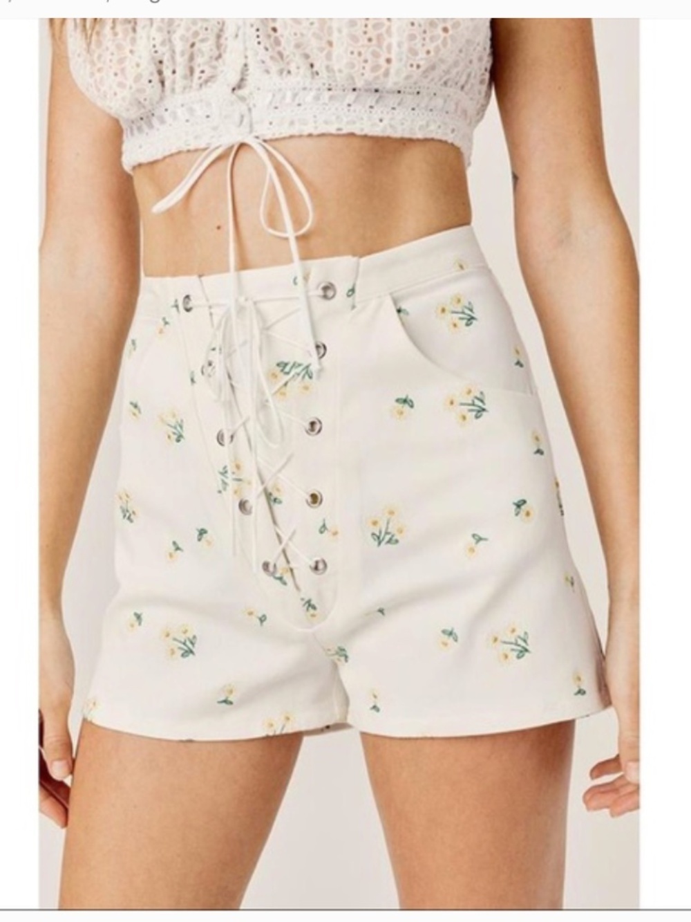 For Love and Lemons High Rise Waverly Floral Lace Up Cottagecore Shorts Size S